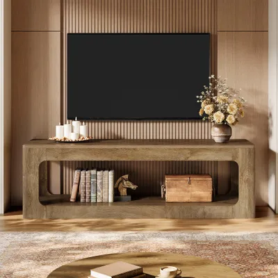 Image de Support TV de 160 cm, meuble TV de style rustique pour téléviseurs de 55/60/65/75 pouces, table console TV avec espace de rangement, meuble TV à 2 niveaux