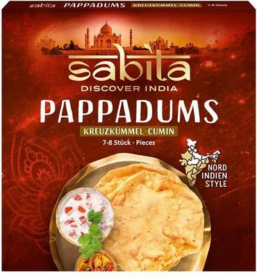 Produktbild von Sabita Pappadums Kreuzkümmel 100 G Faltschachtel Vegan Zuckerfrei mit angenehmer Kreuzkümmelnote