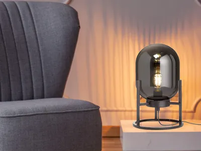 Produktbild von LED Tischlampe Industrial Design mit Rauchglas - ausgefallene Nachttischlampe