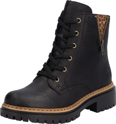 A black lace-up boot with a leopard print accent on the side zipper.