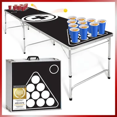 Produktbild von Premium Beerpong Tisch Klappbar in Schwarz/Weiß – Hochwertiger Bierpong Partytisch faltbar für Festivals – Robustes Trinkspiel Zubehör