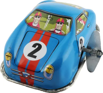 A blue tin toy race car with red stripes and the number 2 on the hood.