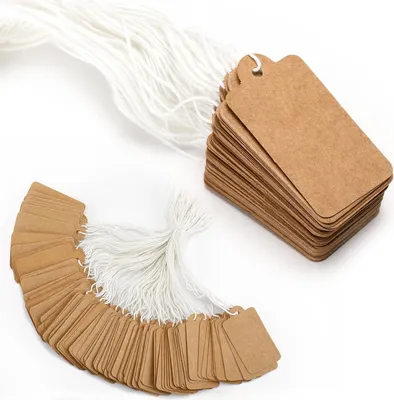 Produktbild von 500 Stück Preisschilder, Kennzeichnungsetiketten, Kraftpapier-Etiketten 45 x 25 mm mit Schnur für Kleidung und Schmuck – Braun
