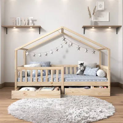 Produktbild von Hausbett ELEA aus massiver Kiefer, Kinderbett mit Rausfallschutz 90x200cm, Spielbett mit Dach in natur