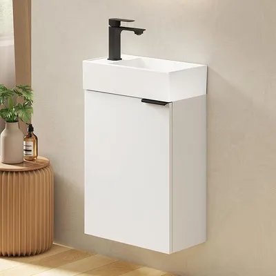 Produktbild von Waschtisch mit Unterschrank 41 cm, Badmöbel-Set mit Keramikwaschbecken – ideal für Gäste-WC & kleines Bad, Waschbecken mit Unterschrank, Weiß