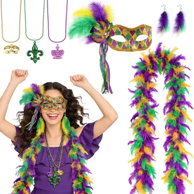Produktbild von Kostüm-Accessoires Set Federboa, Maske, Ohrringe, Perlenketten, für Karneval, Halloween