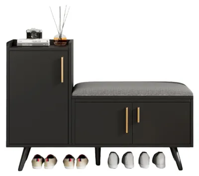 Image de Banc à chaussures - Armoire à chaussures - Banc de rangement - Banc avec assise - Design noir - Étagères réglables - Coussin d'assise rembourré