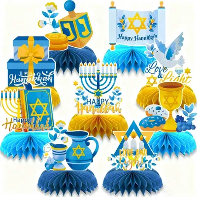 9er-Set Chanukka Waben-Tischdekoration mit Dreidel & Menora