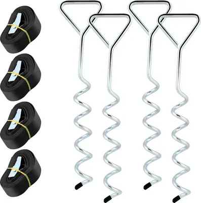 Image de Yakimz ancre de sol pour trampoline, 4 pièces, ancre tempête à visser avec sangle réglable, ancre de terre/clou galvanisé, pour balançoire, cabane de jardin etc., protection anti-basculement pour une fixation sûre dans le sol
