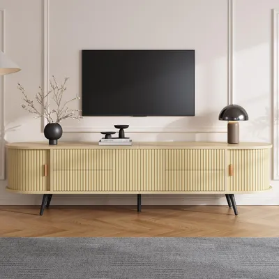 Productafbeelding van TV-standaard 180x40x45, houtlook, gestreept design, 4 lades, 1 kast, rolluikdeur, geschikt voor televisies tot 80 inch (naturel)