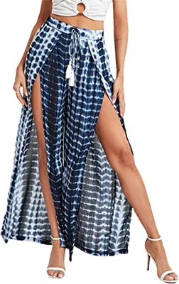 Produktbild von ASKSA Damen Druck Strandhose Sommerhose Wickelhose Weites Bein Hose Mit Schlitz Lose Sporthose Freizeithose, Blau, XL