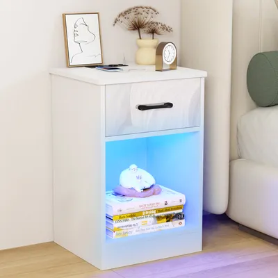 Image de Table de nuit avec éclairage LED avec 1 tiroir 60×40×35cm blanc