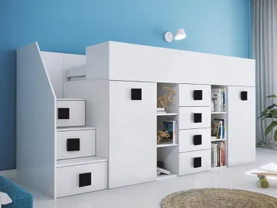 Produktbild von Kinderhochbett mit Stauraum und Schreibtisch Willy – schwarze Griffe links