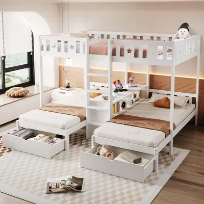 Produktbild von Dreifach-Etagenbett 140 x 200/90 x 200 cm mit 2 Schubladen, Leiter, Ablagefach und Sicherheitsgeländer, Kinderbett, Massivholz, Weiß