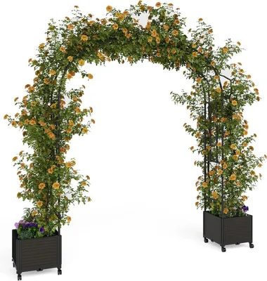 Obrázek produktu pro Zahradní oblouk – pergola s květináči a kolečky – robustní kovová konstrukce – nerezová ocel – opěrka pro popínavé rostliny a svatby – 1,8 m