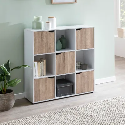 Produktbild von FineBuy Standregal MASSA 89 x 91 x 29 cm Bücherregal mit 9 Fächern Sonoma Sideboard mit 5 Türen Modernes Würfelregal Raumteiler Flurschrank offen