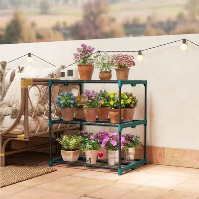 Produktbild von Pflanzenständer 3 Etagen Stahl pulverbeschichtet, Blumenständer Pflanzenregal wetterfest, Dunkelgrün | 68x49x72 cm | 10 kg | für innen & außen