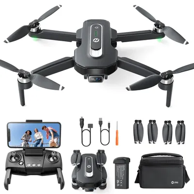 A collage of a drone and its accessories, including a remote control, batteries, charging cables, spare propellers, and a carrying case.