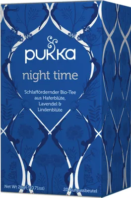 Produktbild von Pukka Night Time, Kräutertee, 20 g, Kamille, Lavendel, Tulsi, Haferblütenspitzen (30%), Süßholzwurzel, Kamillenblüten, Lavendelblüten (14%), Lindenblüten..., Papierschachtel, Fair for Life