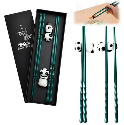 Produktbild von Essstäbchen Geschenkset 2 Paar mit Panda-Ablage, wiederverwendbar, rutschfest, spülmaschinenfest