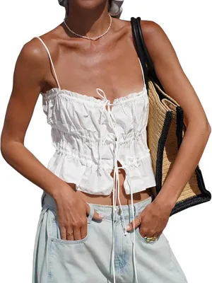 Produktbild von Imily Bela Sommerliches Damen-Crop-Top mit Bindebändern vorne, süßes, gerüschtes Tanktop mit dünnen Trägern, Y2K-Outdoor-Shirt