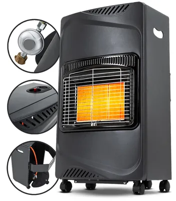 A collage of a black gas heater with close-up views of its components and accessories.