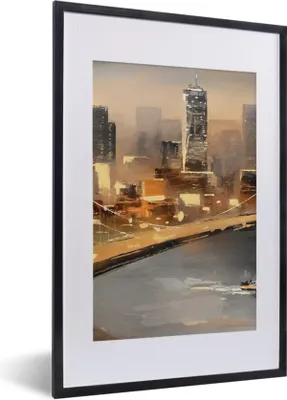 Produktbild von MuchoWow® Gerahmtes Poster Gemälde - Öl - Skyline - Stadt - Wasser 40x60 cm - Poster mit Schwarzem Bilderrahmen Wandposter Rahmen Foto Bilder - Poster in Rahmen