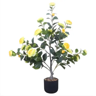 Productafbeelding van Kunstplant Camellia, 90 cm - Gele bloemen - 28 bloemen - Kunstplant met pot, geschikt voor binnenshuis