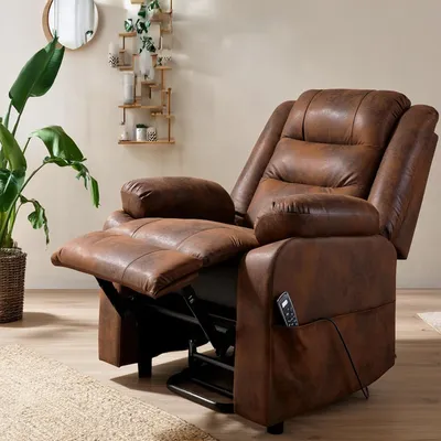 A brown leather recliner chair with its footrest extended, placed in a living room setting next to a large potted plant and a decorative wall shelf.