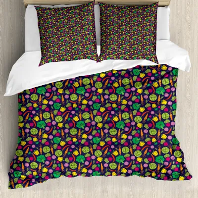 Produktbild von ABAKUHAUS Gemüse Bettbezug Set für Einzelbetten, Cartoon Bio-Lebensmittel, Milbensicher Allergiker geeignet mit Kissenbezug, 155 cm x 220 cm - 80 x 80 cm, Indigo Multicolor