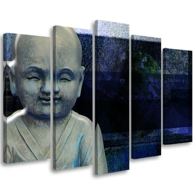 Produktbild von 5-teiliges leinwandbild buddha feng shui meditation 100x70 cm Feeby blau wandbild bereit zum aufhängen