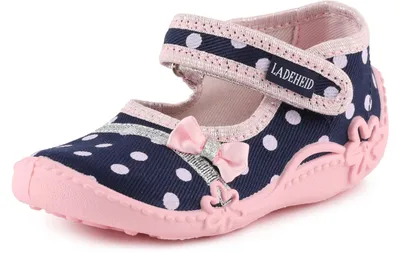 Produktbild von Ladeheid Mädchen Hausschuhe mit Klettverschluss und Einlegesohlen LAVI0001 (Marine/Punkte, 18 EU)