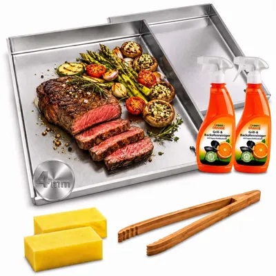Produktbild von 2x Plancha Grillplatte 30x40cm Edelstahl Set mit Grillzange & Grillreiniger