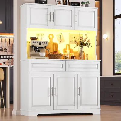 Produktbild von MODFU Küchenschrank Hochschrank mit Arbeitsfläche und LED Beleuchtung Stauraumschrank mit 2 Schubladen Bietet viel Stauraum Für Wohnzimmer oder Küche geeignet Weiß