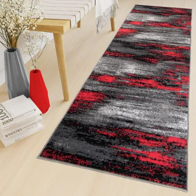 Produktbild von Tapiso Läufer MAYA Modern Grau Rot Schwarz Wohnzimmer  100 x 300