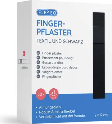 Zdjęcie produktu dla Plastry na palce FLEXEO tekstylne czarne 2 x 12 cm, 50 plastrów