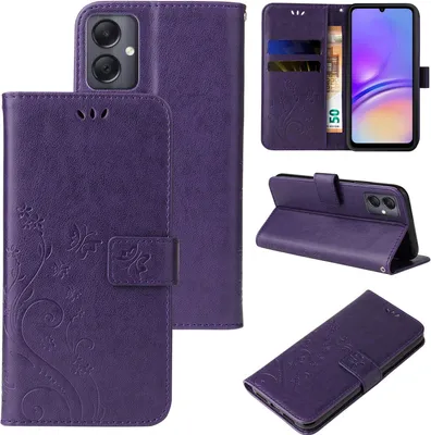 Produktbild von Handyhülle für Samsung Galaxy A05 Floral Blumen Schmetterling Flip Cover Hülle Case Klapphülle Handytasche Farbe: Violett