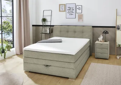 Produktbild von Boxspringbett VALLY greige mit Doppelfederung, Bettkasten und Kopfteil, Höhe 64 cm
