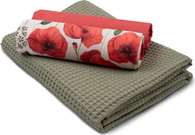 Produktbild von Mohnblume Set 75 Waffelstoff Set  1x Waffelstoff + 2x  Baumwollstoff Druck und Uni  je 0,5m x 1,5m Stoffpaket DIY Projekt