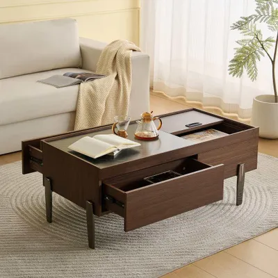 Produktbild von Moderner Couchtisch mit Schubladen & Glasplatte – Dunkelbraunes Holzdesign, Holzmaserung in Marmoptik, Metallbeine & viel Stauraum für Wohnzimmer