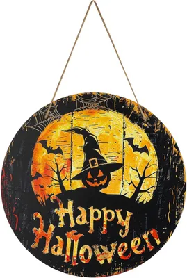 Zdjęcie produktu dla Dekoracja na drzwi wejściowe na Halloween, drewniana, 30 cm, z motywem dyni i nietoperza