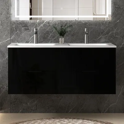 Produktbild von Unterschrank mit Waschbecken Waschbeckenunterschrank Badmöbel Waschtisch Badezimmerschrank, hochglanz Schwarz Holz, Sanfter Schluss, 120x44.5x52cm