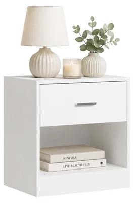 Zdjęcie produktu dla Stolik nocny Relaxdays, z szufladą i otwartą półką, wymiary: 41x39x28 cm, stolik nocny do sypialni, biały