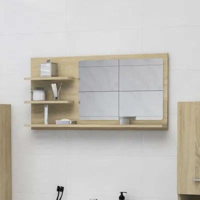A bathroom mirror with shelves mounted on a tiled wall.
