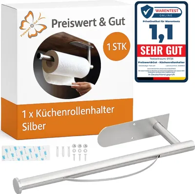 Produktbild von Küchenrollenhalter für die Wand Farbwahl aus Edelstahl 100% rostfrei – Innovative Abroll-Bremse, Küchenrolle Halter Silber