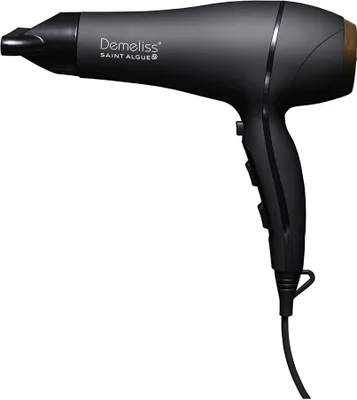 A black hairdryer with gold accents is shown against a white background.