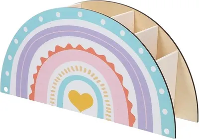 Produktbild von PolkaHome® Regenbogen Stiftehalter für Kinder, Schreibtisch-Organizer mit 5 Fächern, Holz-Bleistifthalter, Aufbewahrung für Büro,