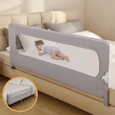 Obrázek produktu pro Caveen 150cm skládací zábrana na postel pro batolata, prodyšná ochrana proti pádu pro jednolůžkové, dvoulůžkové, královské a manželské postele, bílá barva