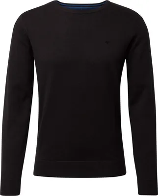 A black long-sleeved sweater with a crew neck and a small logo on the chest.
