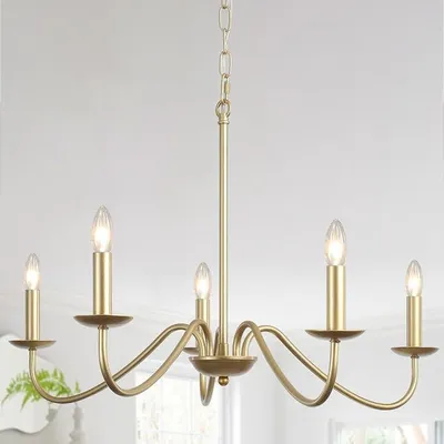 Produktbild von Kronleuchter Gold 5-flammig, Vintage Kerzen Kronleuchter Metall, Pendelleuchte Esstisch Höhenverstellbar mit E14 Fassung, Hängeleuchte für Wohnzimmer, Esszimmer, Schlafzimmer, Küche, Flur
